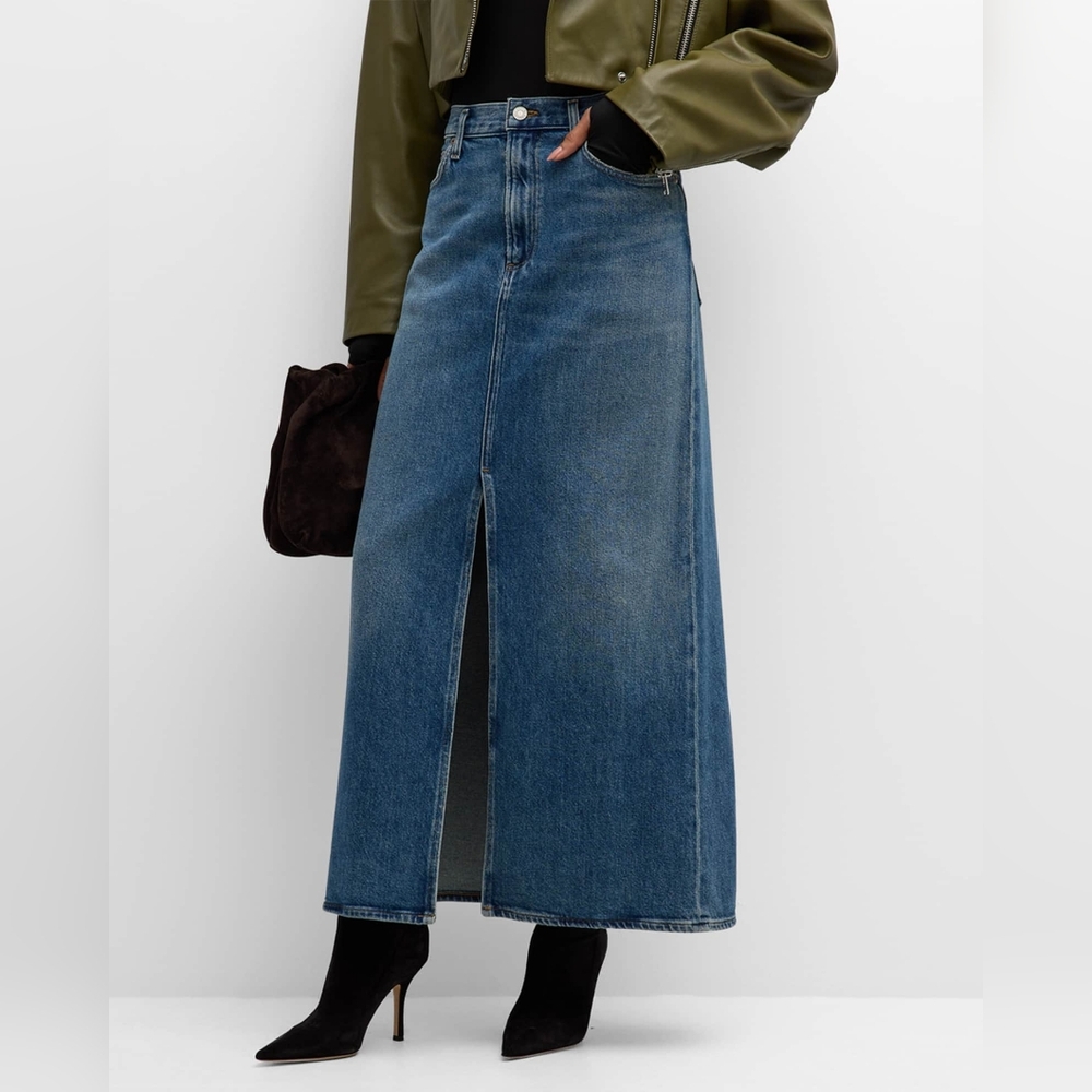 NWT Agolde Women's Leif Blue Denim Split Maxi Skirt Size 10